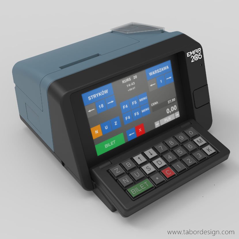 Urządzenie do sprzedaży biletów w autobusach. Bileterka. Klawiatura mechaniczna i ekran dotykowy.