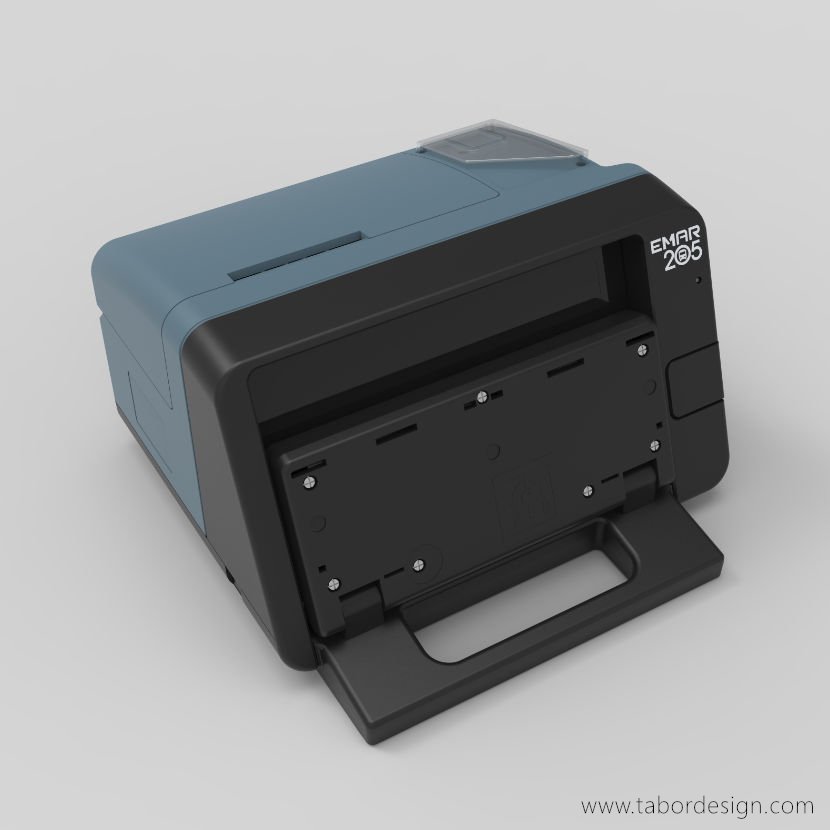 Urządzenie do sprzedaży biletów w autobusach. Bileterka. Klawiatura odchylona do góry przylega do ekranu, odsłaniając uchwyt.