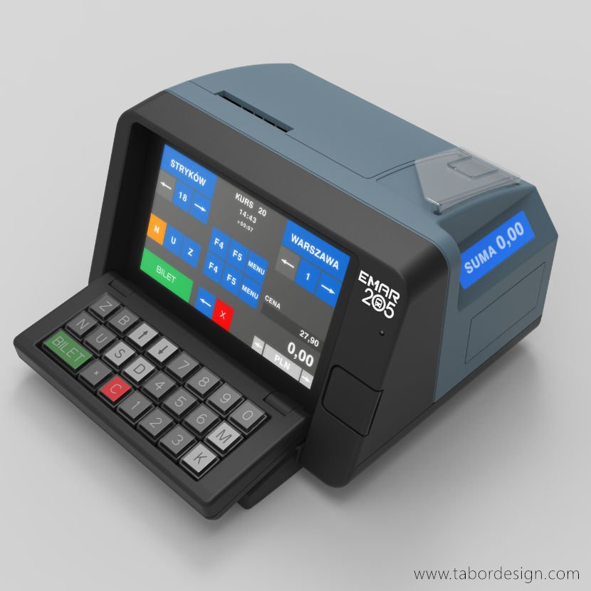 Urządzenie do sprzedaży biletów. Przeznaczone do użytku w autobusach. Bileterka. Ekran dotykowy oraz klawiatura mechaniczna.