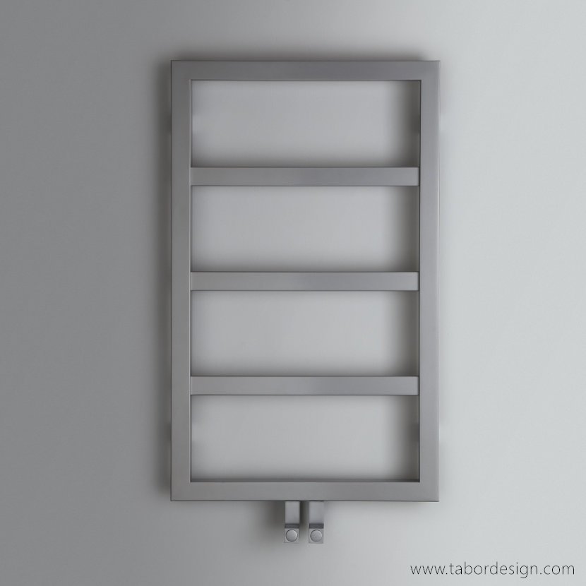 Grzejniki dekoracyjne premium. Grzejnik w układzie rzadkiej, regularnej drabinki. Srebrny. Dwa zawory o kubicznych formach.