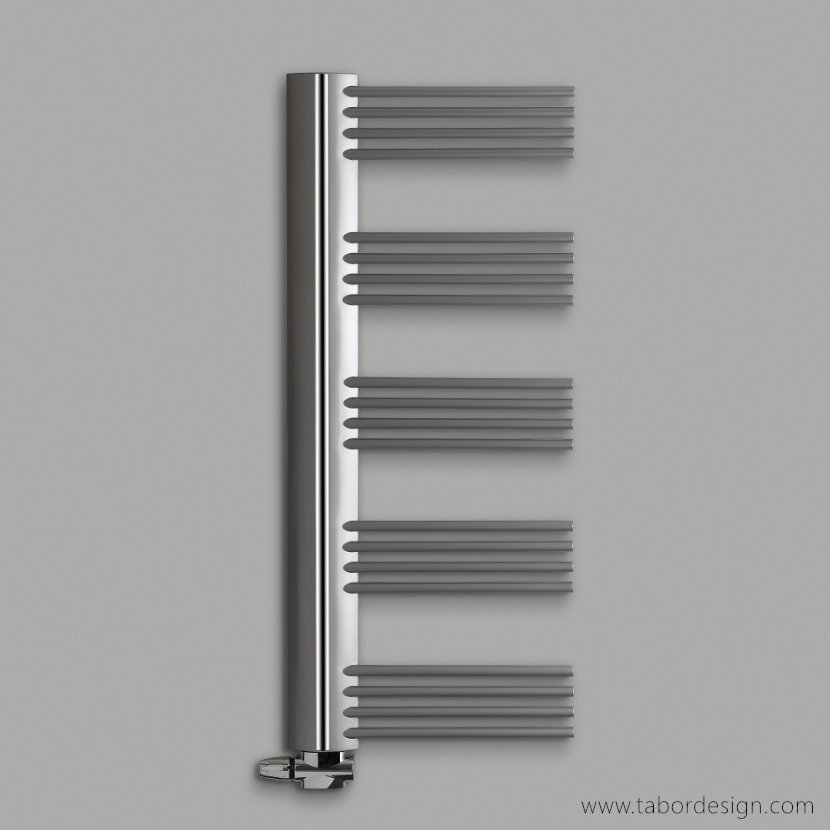 Grzejniki dekoracyjne premium. Asymetryczny grzejnik drabinkowy. Szerokie kolektory pionowe. Chromowana linia pomiędzy. Radiator z rurek.
