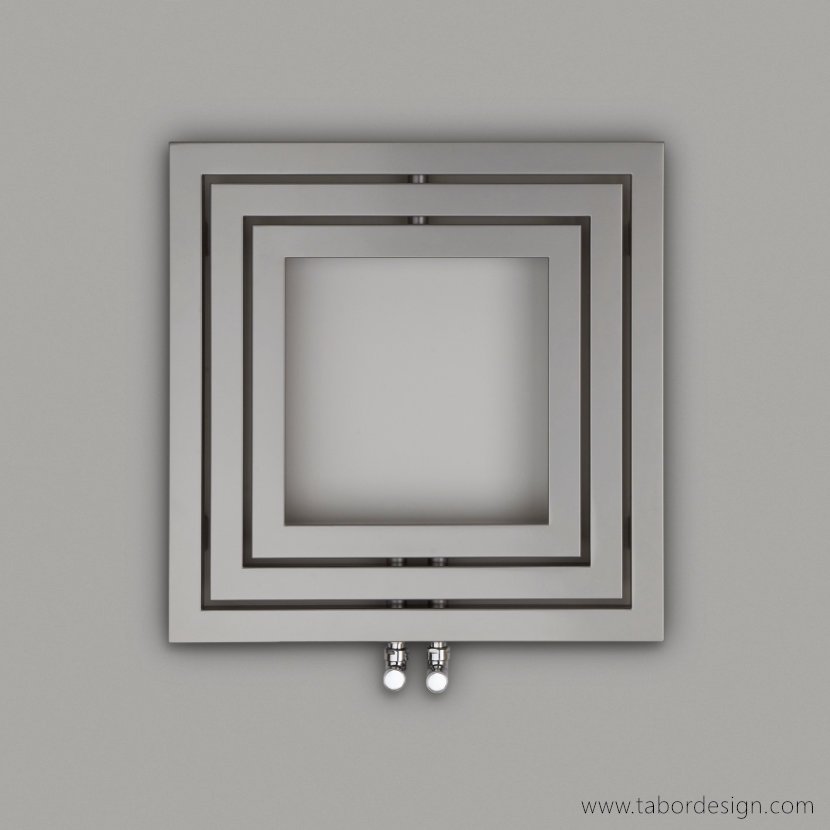 Grzejniki dekoracyjne premium. Kwadratowy grzejnik, minimalistyczna forma, chromowane przyłącza, srebrny lakier.