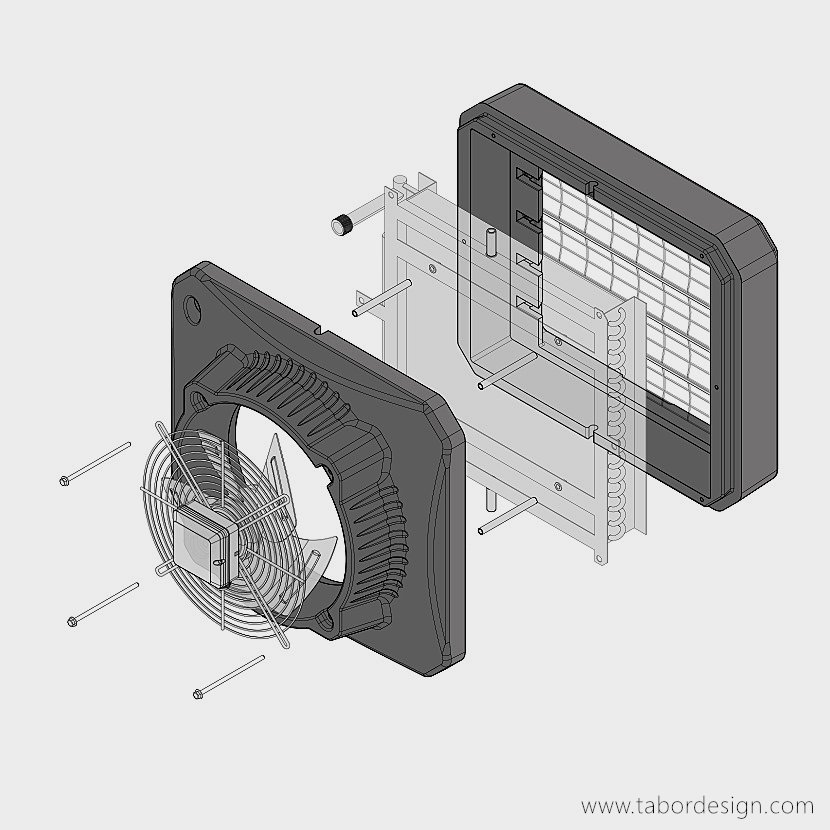 Podzespoły nagrzewnicy wodnej. Rysunek eksplodujący. Wymiennik ciepła, obudowa, wentylator.