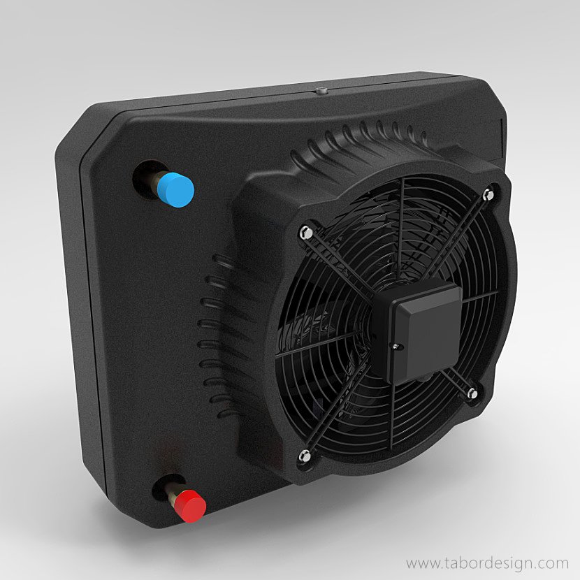 Nagrzewnica wodna w ujęciu perspektywicznym od strony wentylatora z napędem.