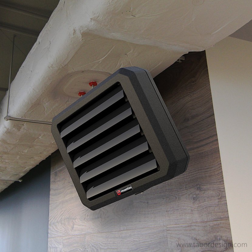 Nagrzewnica wodna zawieszona we wnętrzu pomieszczenia gospodarczego