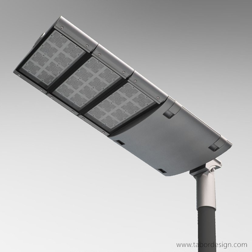 Modułowa oprawa uliczna na pionowym słupie oświetleniowym. Trzy moduły LED, moduł zasilający.