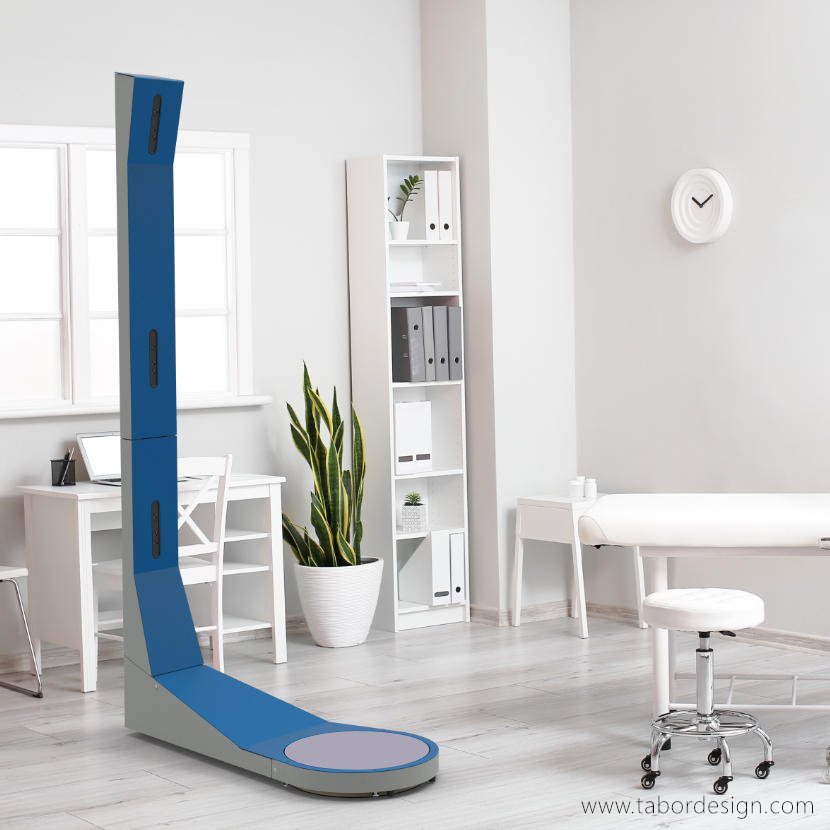 Skaner 3D Iniphy — nowoczesne narzędzie diagnostyczne do tworzenia trójwymiarowego obrazu ciała człowieka. Ustawiony w gabinecie terapeuty.