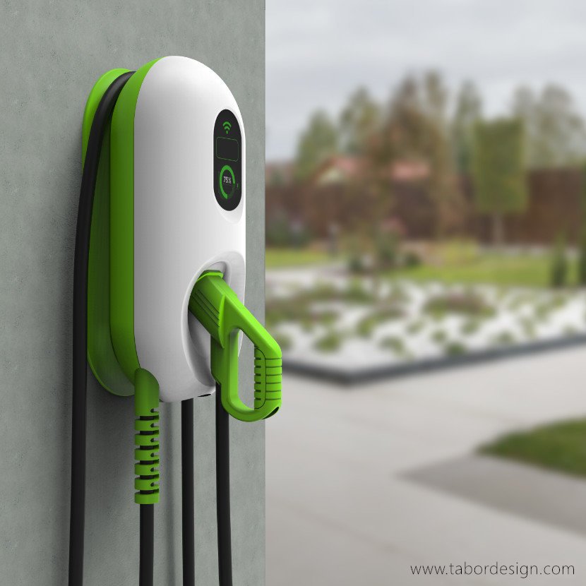 Stacja ładowania samochodów elektrycznych naścienna z podkładką przylegającą do ściany.