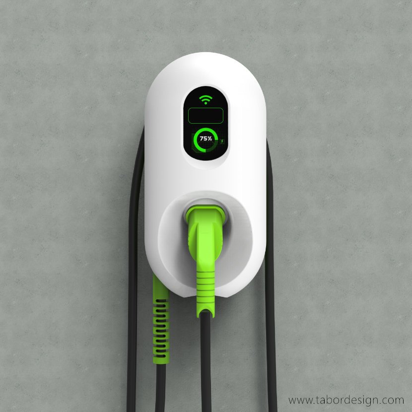 Stacja ładowania samochodów zawieszona na ścianie z przewodem owiniętym wokół, zielona wtyczka w gniazdku.