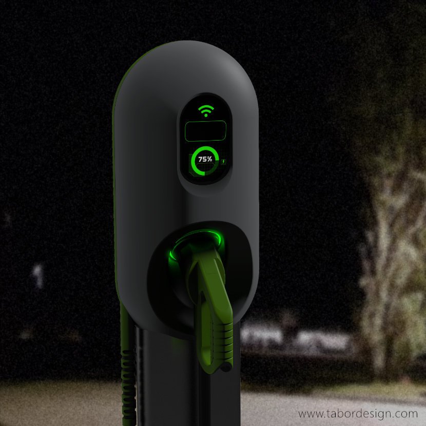 Wolnostojąca stacja ładowania samochodów elektrycznych widziana w nocy. Gniazdko i wyświetlacz podświetlone zielonym światłem.