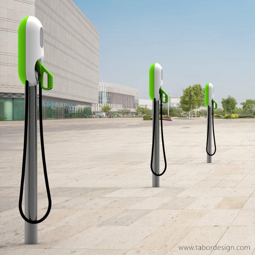 Wolnostojące stacje ładowania samochodów elektrycznych stojące na słupkach w rzędzie.