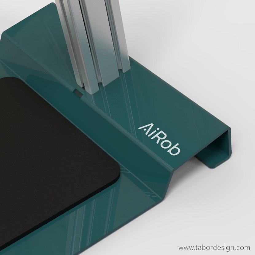 Podstawa statywu do prezentacji kamery kontroli wizualnej układów elektronicznych. Fragment urządzenia. Widoczne logo AiRob.