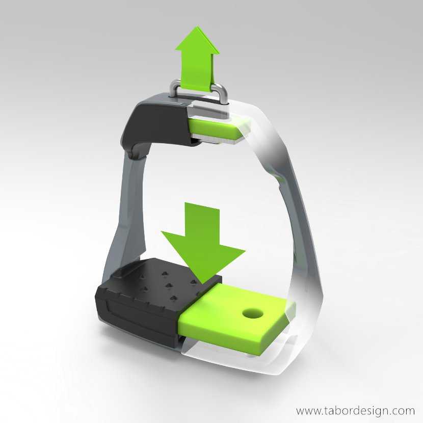 Schemat budowy strzemienia jeździeckiego wyposażonego w dwa elastomerowe absorbery energii.