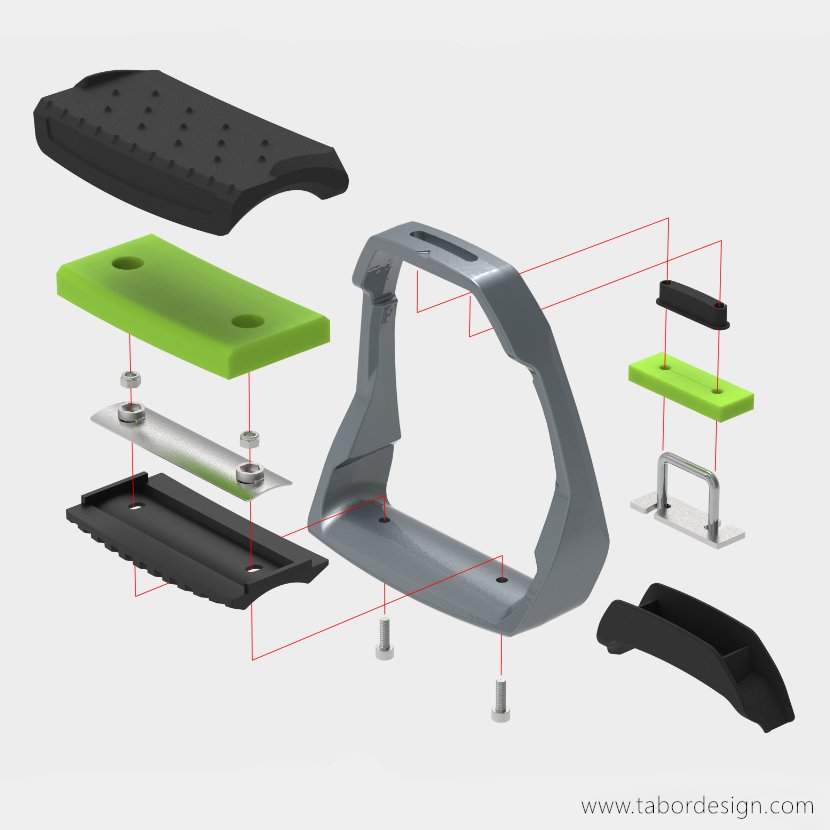 Amortyzowane strzemiona jeździeckie Winderen. Rysunek eksplodujący pokazujący układ części składowych.