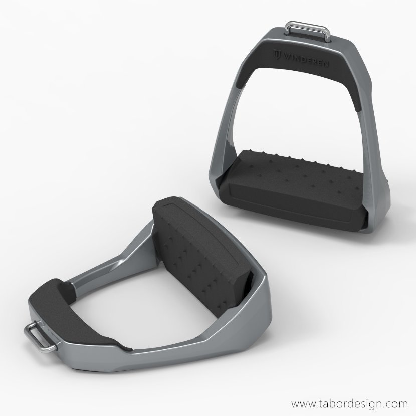 Amortyzowane strzemiona jeździeckie w kolorze srebrnym. Projekt dla marki Winderen.