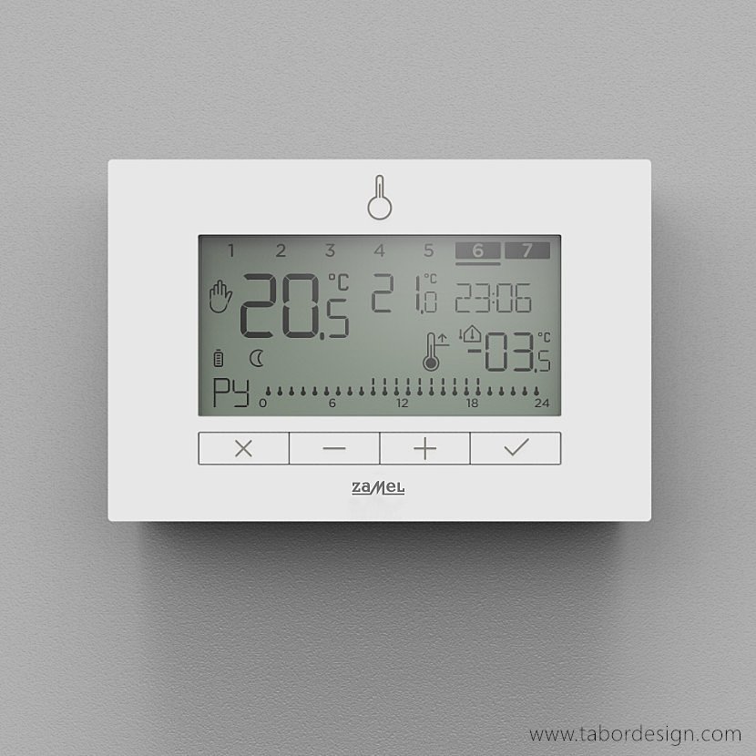 Zaawansowany funkcjonalnie regulator temperatury wskazujący aktualną temperaturę pomieszczenia, zaprogramowany na siedem dni tygodnia.